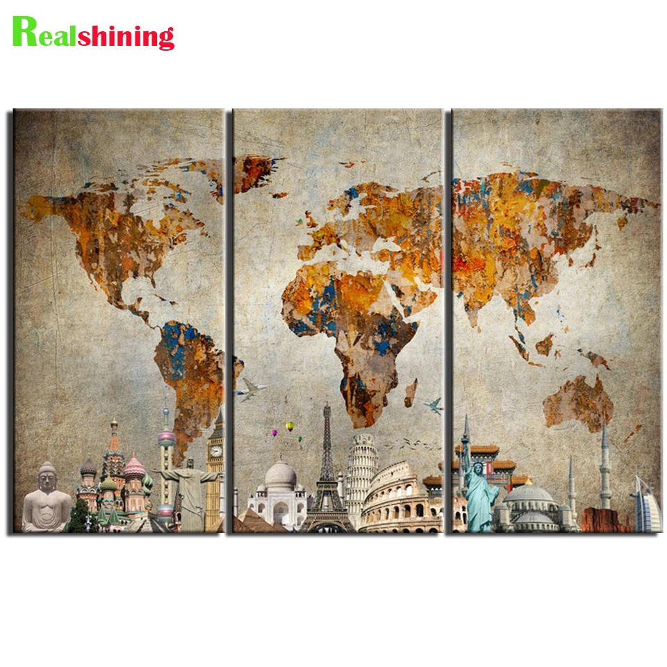 

3Pcs Diamond Painting Abstract Famous Buildings World Map Triptych Full Square/Round Drill Cross Stitch Diamond Embroidery N2427