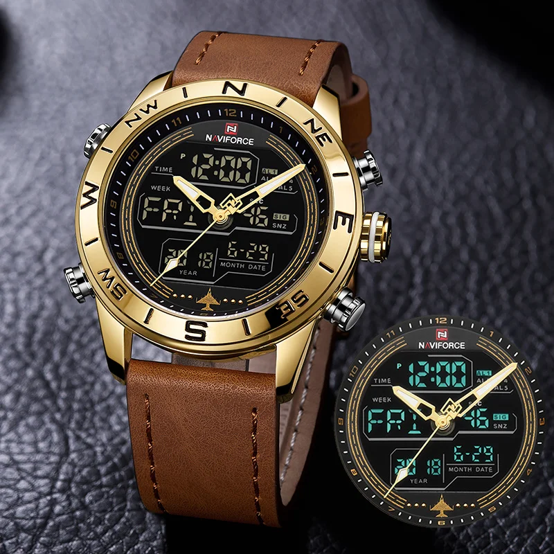 

Luxury Brand Men NAVIFORCE 9144 Gold Army Military Watch Led Digital Leather Sports Watches Quartz Mens Clock Relogio Masculino