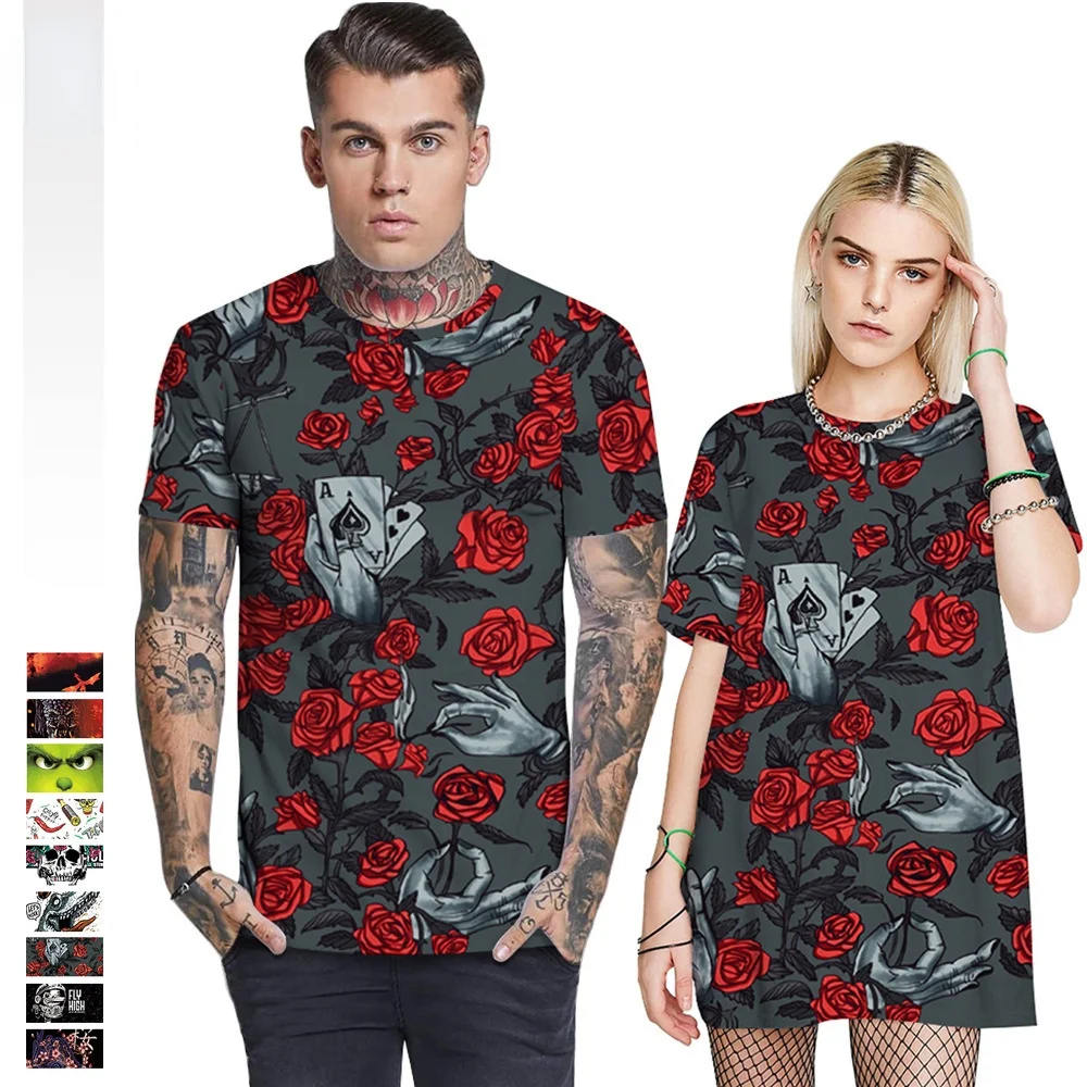 

Rose Poker Print Couple Wear Summer Loose Round Neck Short Sleeve Men's T-shirt Casual Pullover 2021 Fashion Trend Men's Top