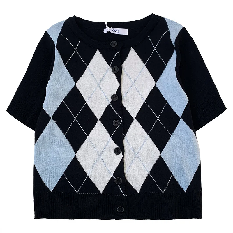 

Contrast Rhombic Knitted Cardigan Women Summer Round Neck With Button Up For Slim Fit Knitting Short Sleeve T-shirt