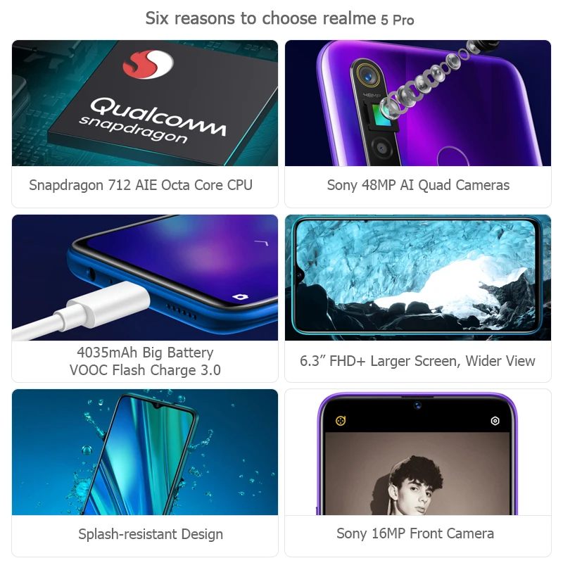 Смартфон realme 5 Pro 4 Гб 128 ГБ Восьмиядерный процессор Snapdragon 712 AIE 6 3 дюйма 48 МП