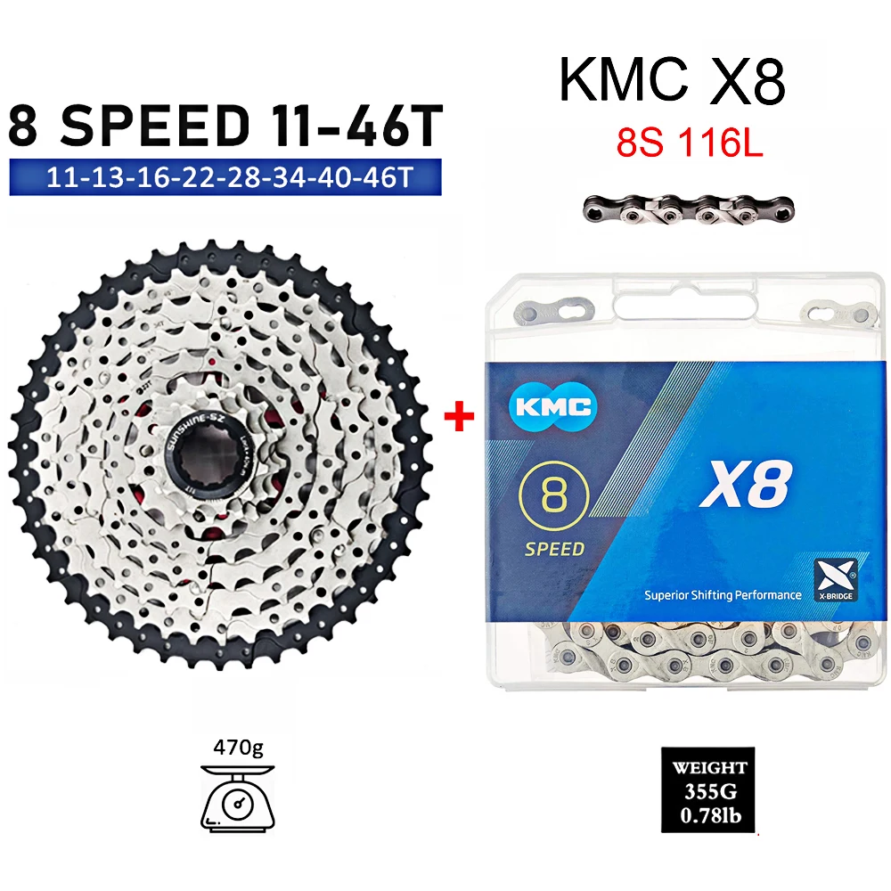 

Sunshine Road/MTB Bike Cassette 8V Bicycle Flywheel KMC X8 8S 116L Chain 25T 28T 32T 36T 40T 42T 46T 8 Speed Crown for Shimano