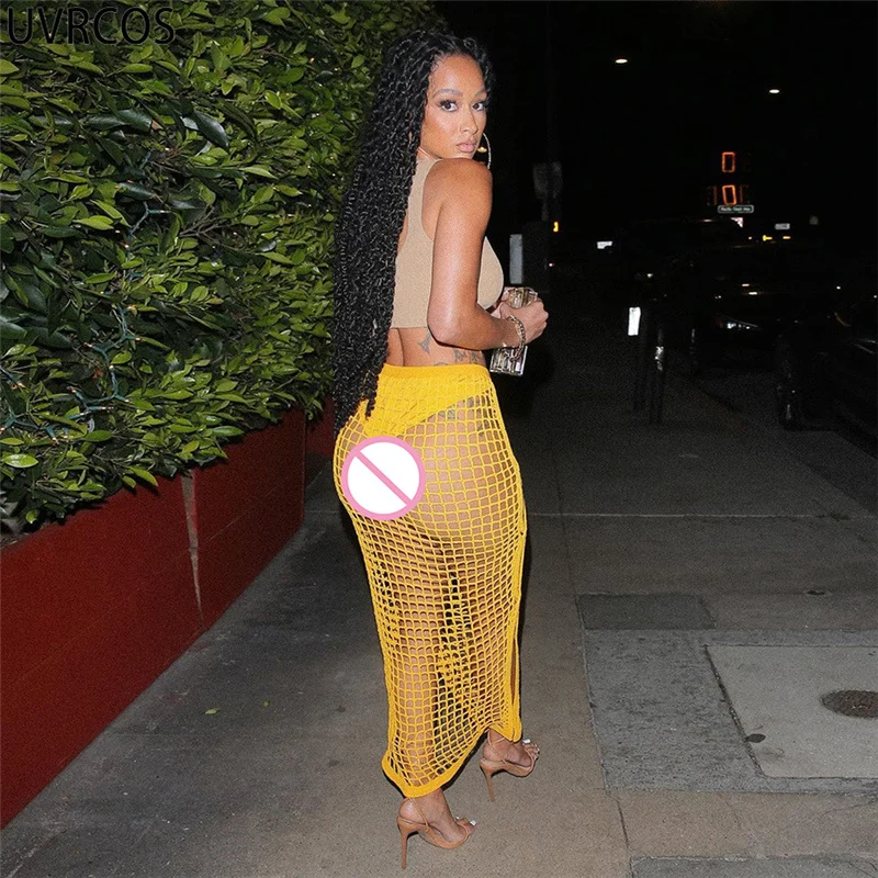 

UVRCOS 90s Aesthetic Womens Dresses New Arrival 2021Summer Fishnet Crew Hole Knitting Sexy Long Skirt Streetwear Bottom Clubwear