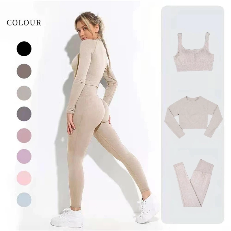 2/3 PCS Seamless Women Yoga Set Sport Suit Gym Clothes Fitness Leggings Sportswear Long Sleeve Clothing Workout | Спорт и