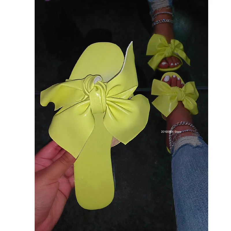 

2021 Summer New Women's Flat Sandals Fashion Open Toe Bow Slippers Outdoor Beach Shoes Solid Color Leisure Plus Size 43