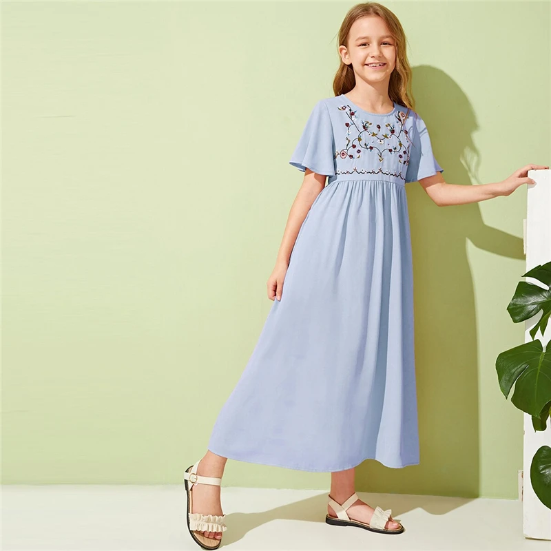 SHEIN/Детское платье для отдыха для девочек с вышивкой спереди и пуговицами; коллекция года; летние длинные платья трапециевидной формы с рукавом-бабочкой в стиле бохо для детей