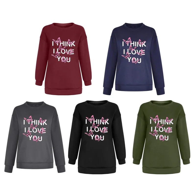 

Women Winter Loose Sweater Adults Butterfly & Letter Print Long Sleeve Round Neck Pullover
