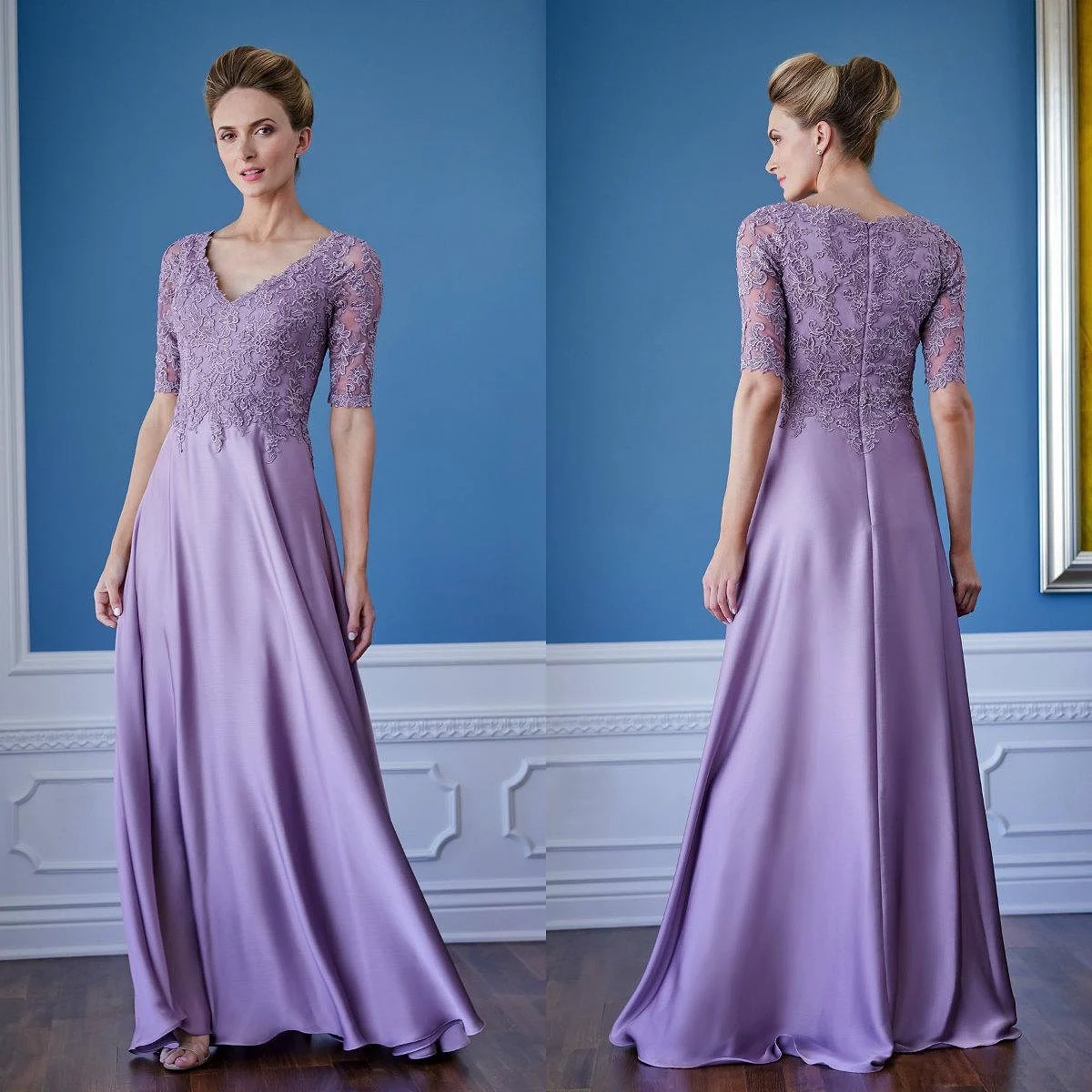 

Elegant Purple Mother Of The Bride Dress V Neck Lace Appliques Half Long Sleeves Satin Plus Size Mother Formal Wedding Gowns New