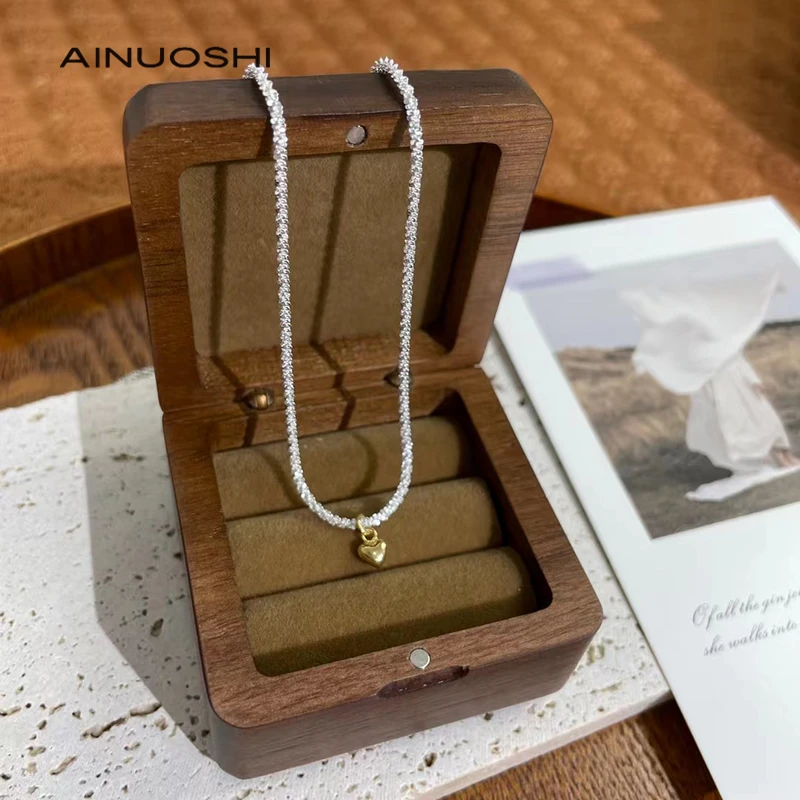 

AINUOSHI 925 Sterling Silver Heart Shape Pendant Necklace Shiny Clavicle Chain Choker Necklace for Women Gift collares bijoux