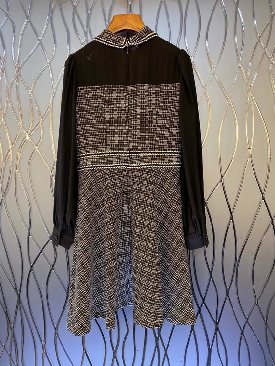 

2020 autumn and winter new fashion women's lapel color matching stitching plaid long sleeve dress 1214