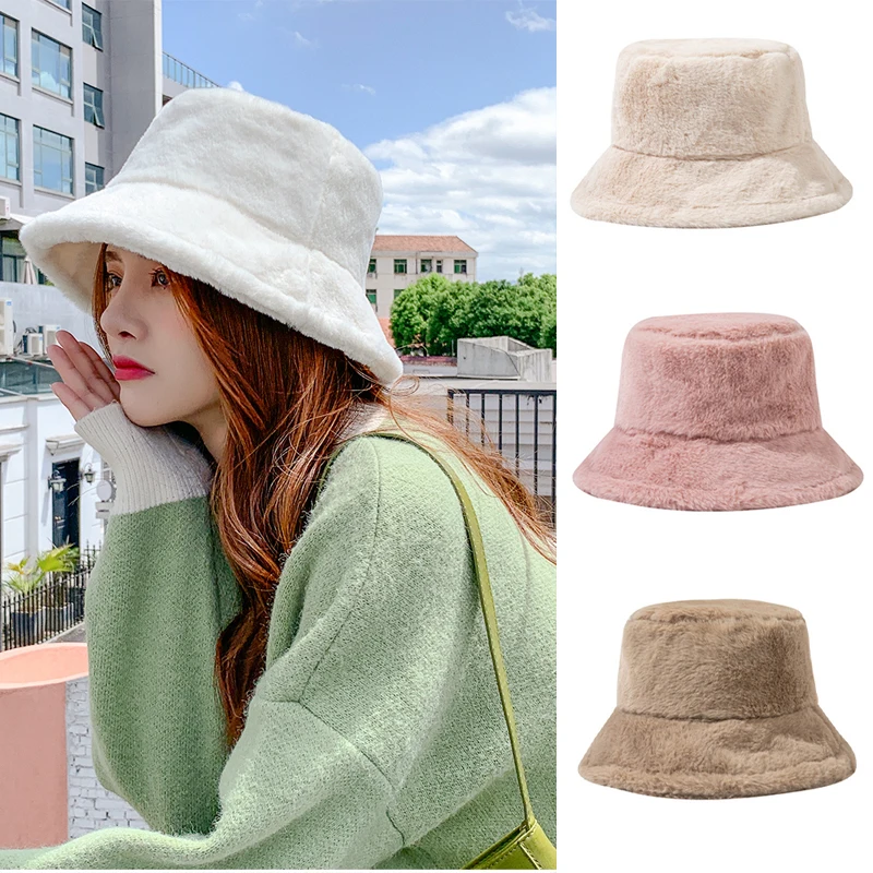 

Winter Autumn Thick Warm Soft Lamb Wool Women Bucket Hat Solid Color Female Ladies Flat Top Beanie Bonnet