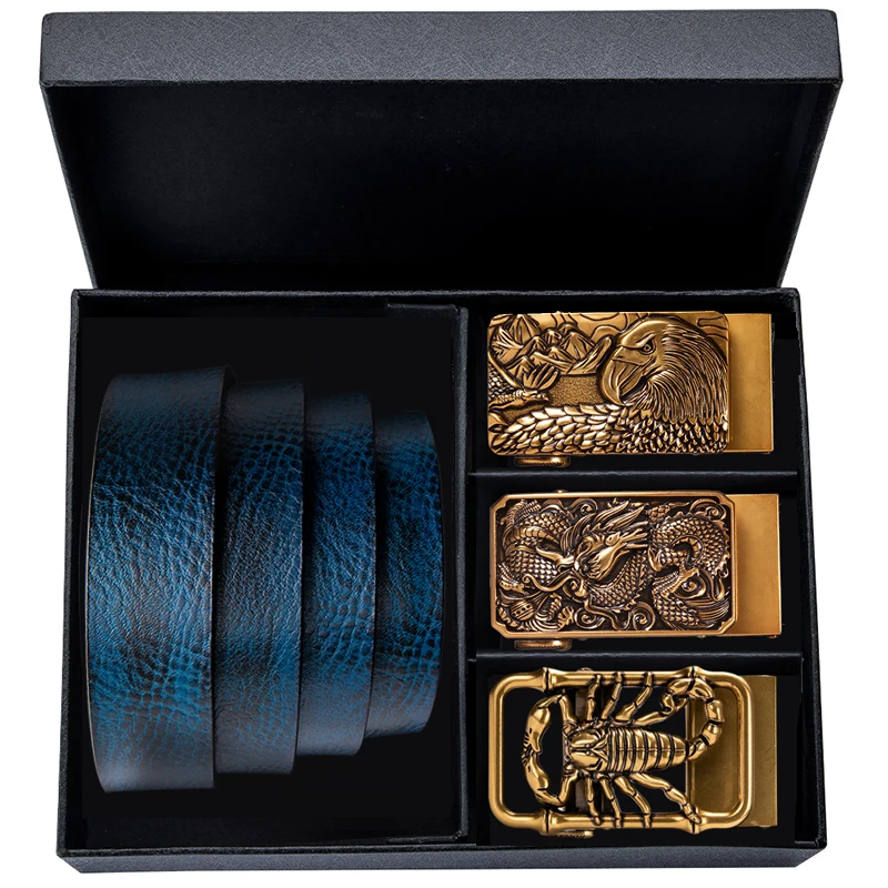 Мужской ремень из натуральной кожи модный синий с автоматической пряжкой в