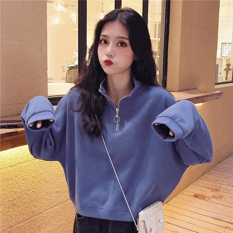 

Short Half Zipper Sweater Women'S Thin Spring And Autumn Korean Style Loose Students All-Match Solid Color Long Sleeves
