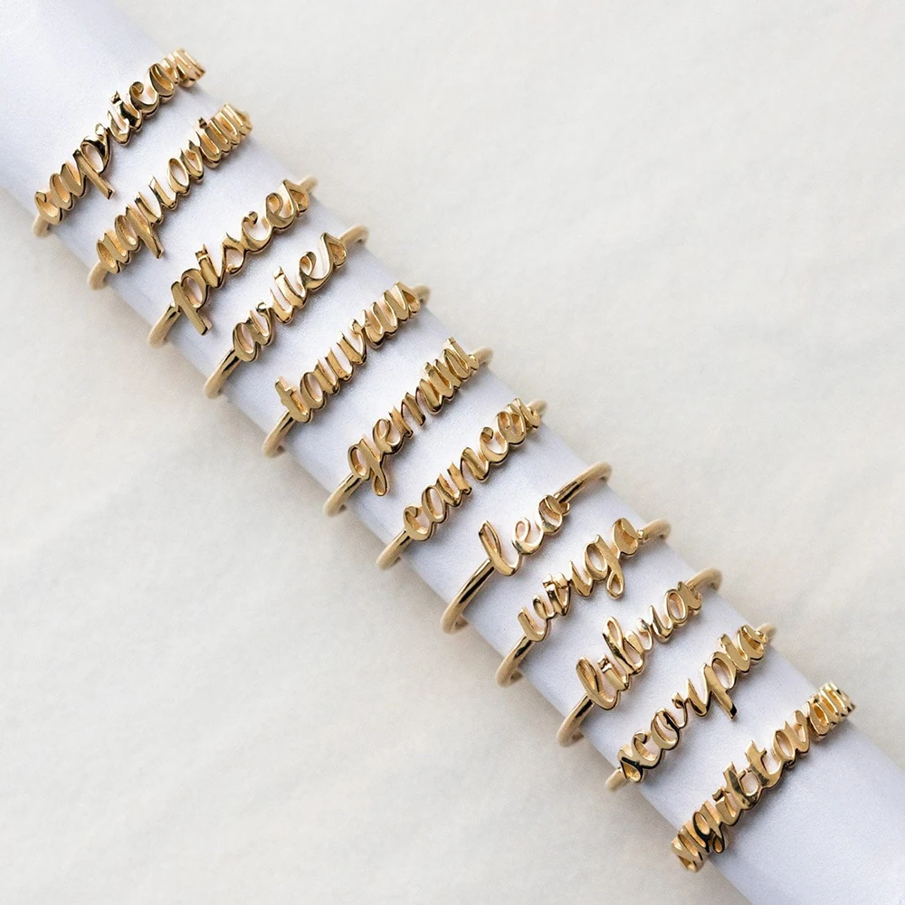 

Letters Simple Golden Copper Taurus Cancer Aquarius Leo Capricorn Pisces Virgo Gemini Libra Index Finger Open Rings for Women