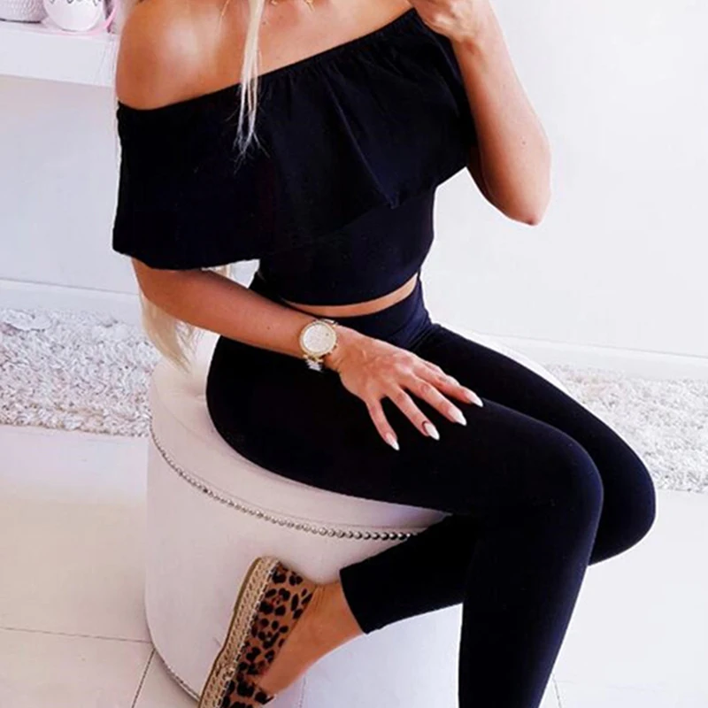 2020 Summer Sexy Women Clothing Set Solid Color Slash Neck Top +long Pants Suit 2 Piece Casual Sportswear |