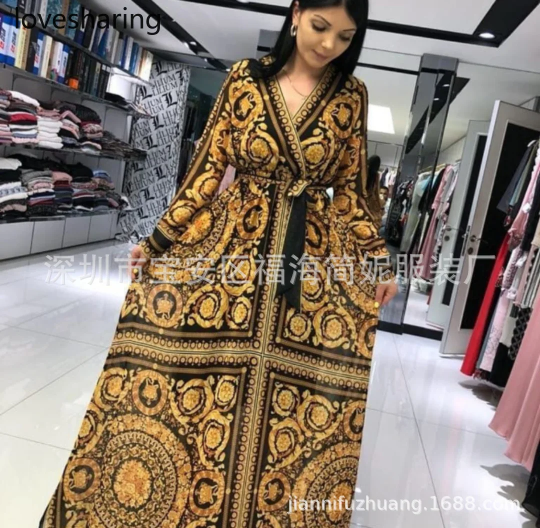 Платье с v-образным вырезом модным принтом большое свободное платье длинным