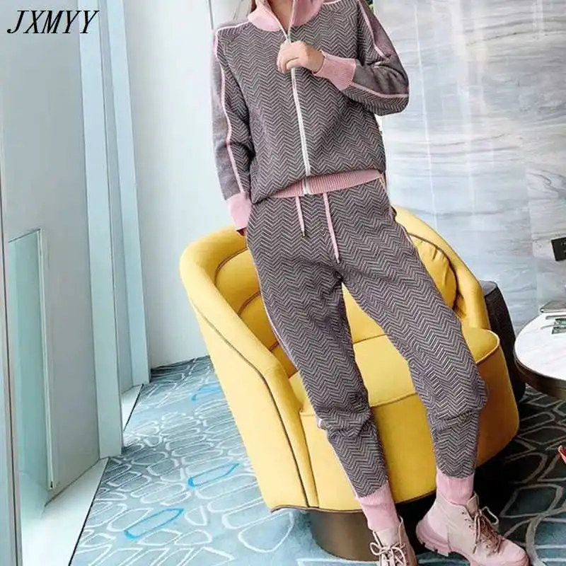 

ICCLEK JXMYY fashion women tracksuit patchwork turtleneck zipper knitted cardigans sweater pants suit 2 piece set trousers