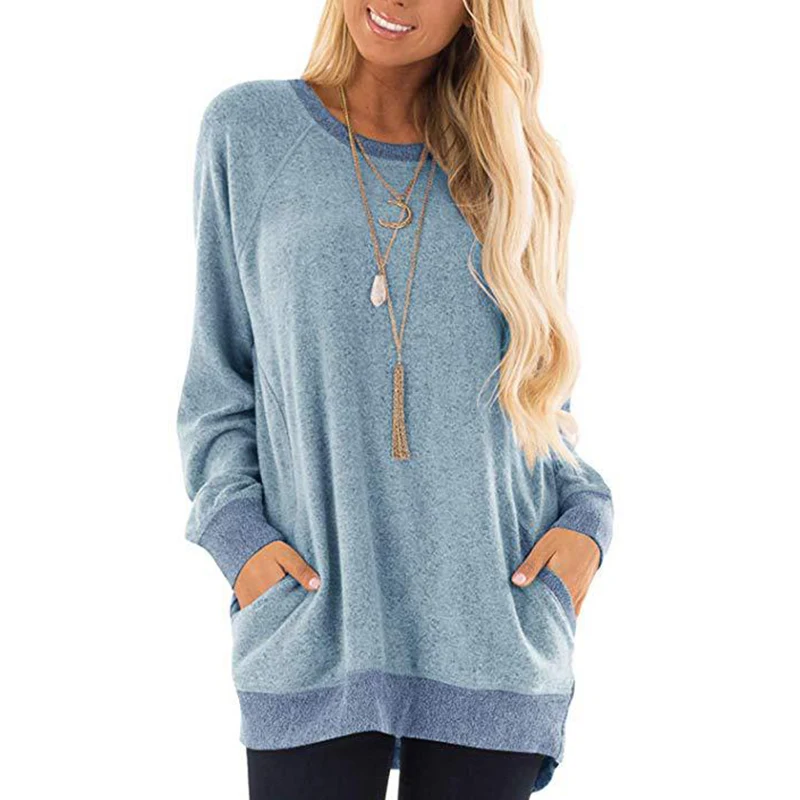 

Spring Autumn Women 2021 Fashion Casual O Neck Pullover Tunic Tops Loose Tee Shirt with Pockets Plus Size Long Sleeve Blouse