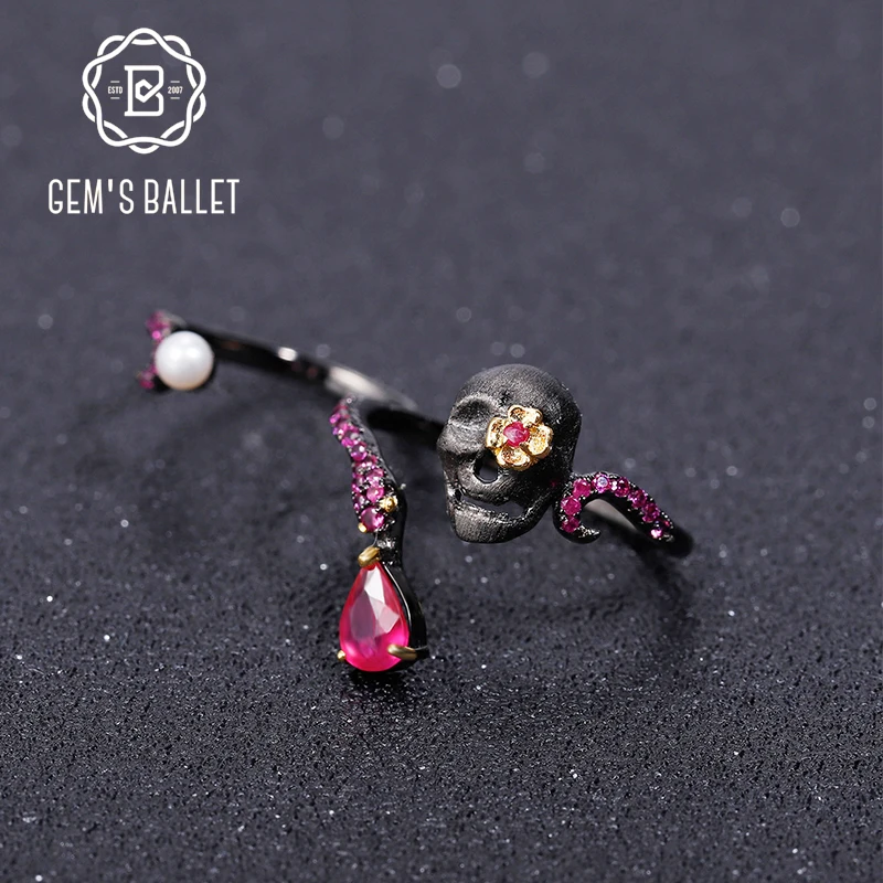 

GEM'S балетные 925 пробы серебряные регулируемые двойные кольца на Пальцы для женщин Рубин со стеклом череп Открытое кольцо ювелирные изделия