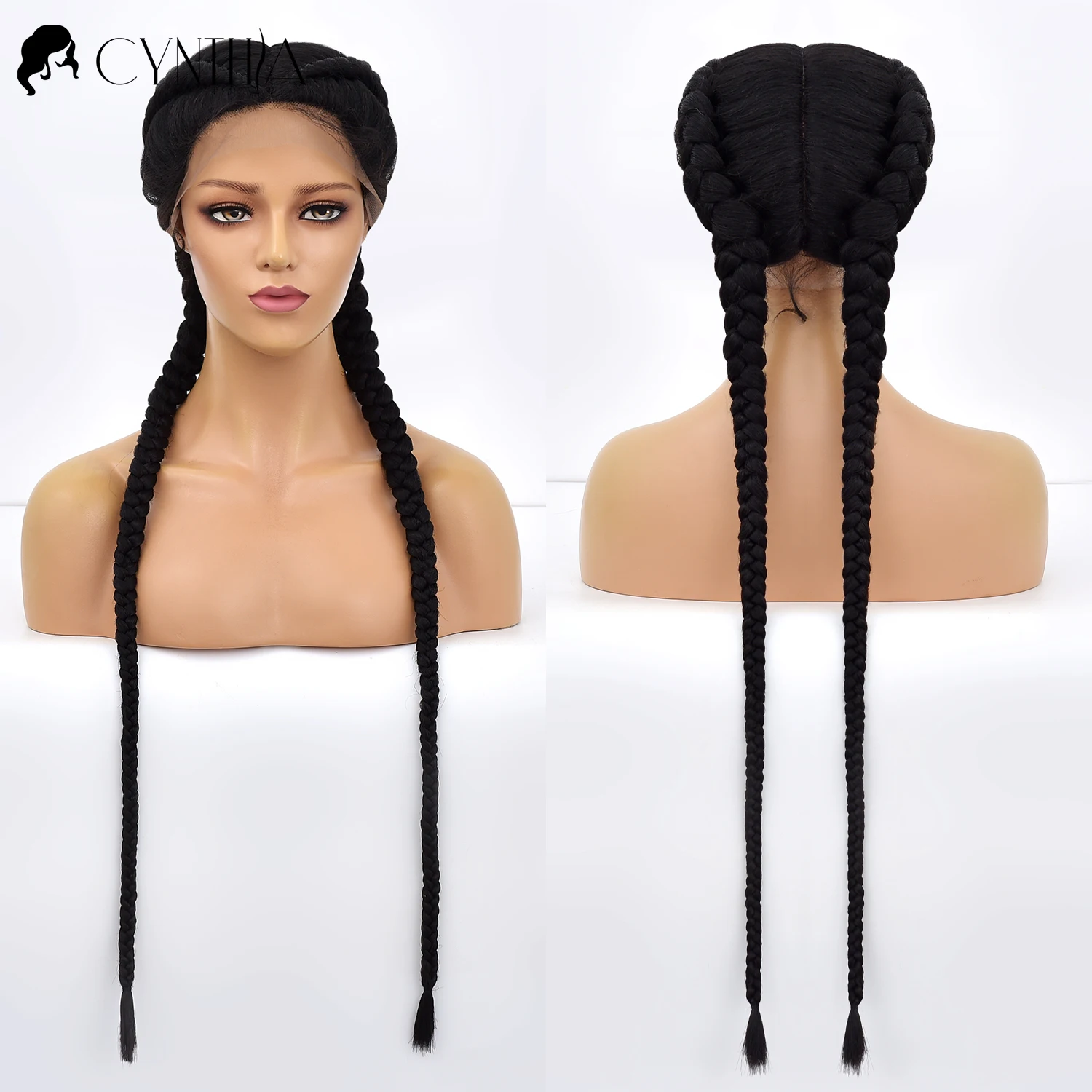 Braided Lace Front Wig Synthetic Wigs For Black Women 36 Inch Long Dutch Twins Braids With Baby Hair 360 Lace Frontal Perruque
