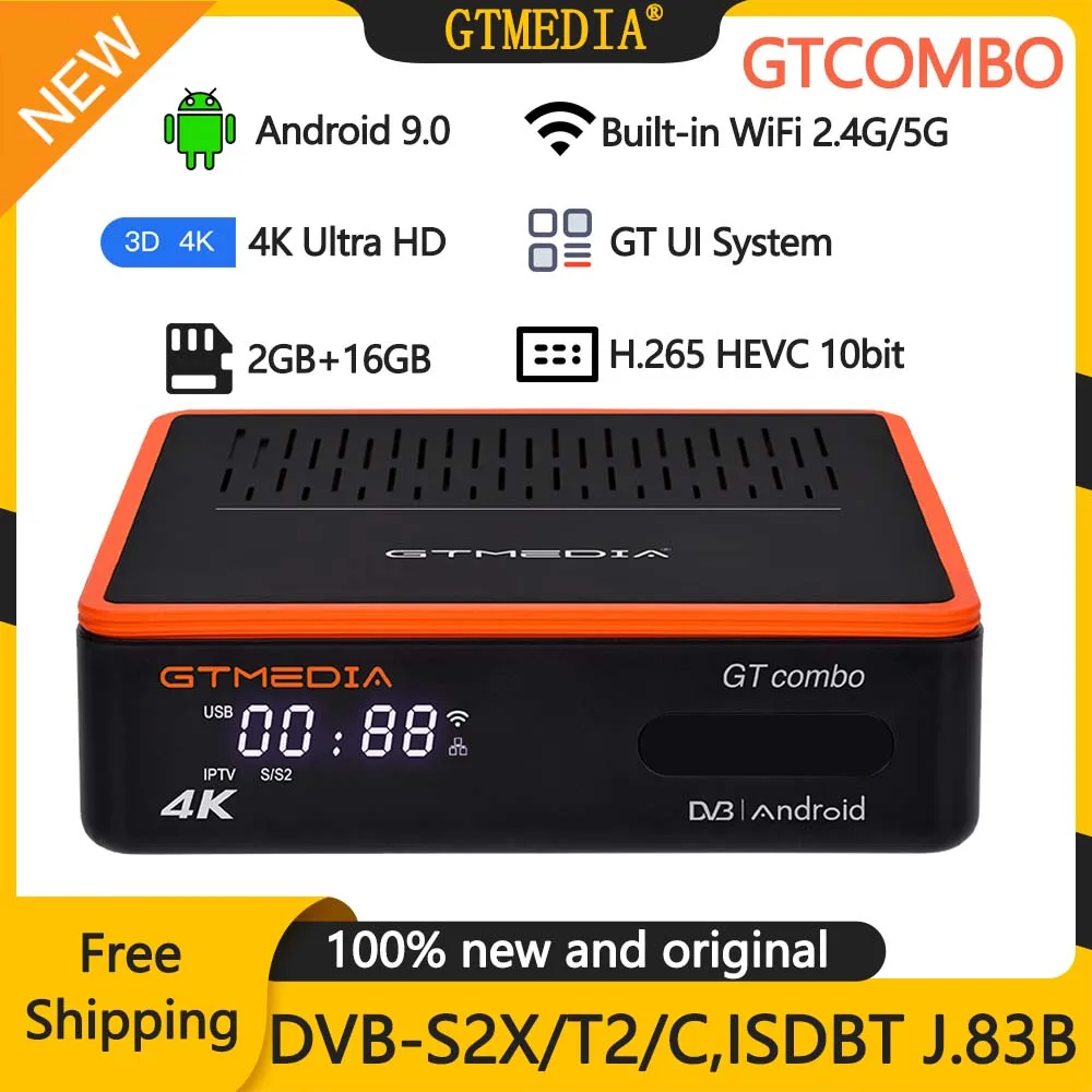 Receptor de Satélite Caixa de tv 2g + 16g Gtmedia Gtcombo 8 Ultra hd Inteligente Android 9.0 Dvb-s2x t2 Cabo Decodificador Isdbt M3u H.265 Ccam Embutido Sintonizador Wi-fi 4 k –