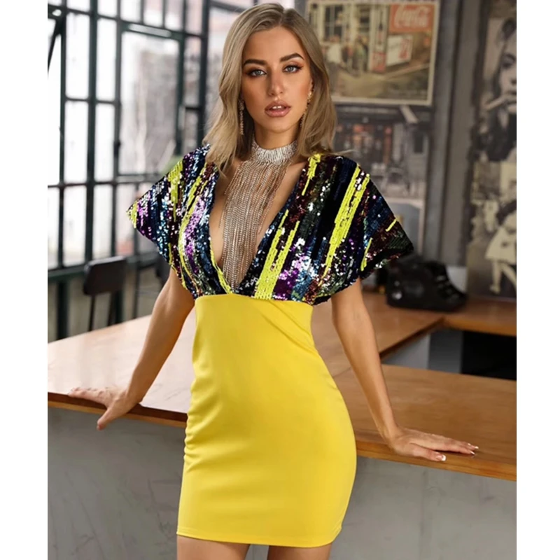 

Summer Yellow v neck sequin short sleeve dress 2019 vestidos women cocktail gown party girl sexy nightlife club dresses wholesal