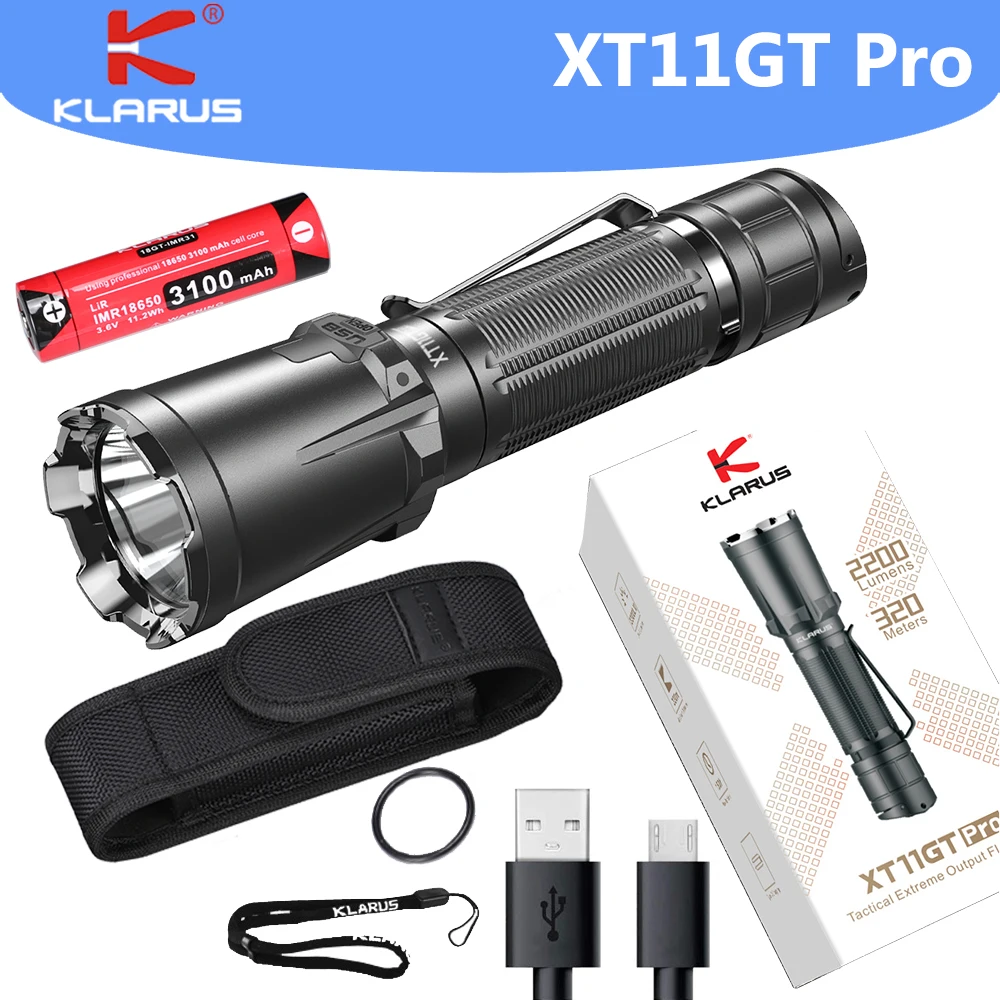 

Тактический фонарик KLARUS XT11GT Pro, перезаряжаемый светодиодный фонарик высокой мощности, 2200 люмен фонарь для самообороны с батареей 18650