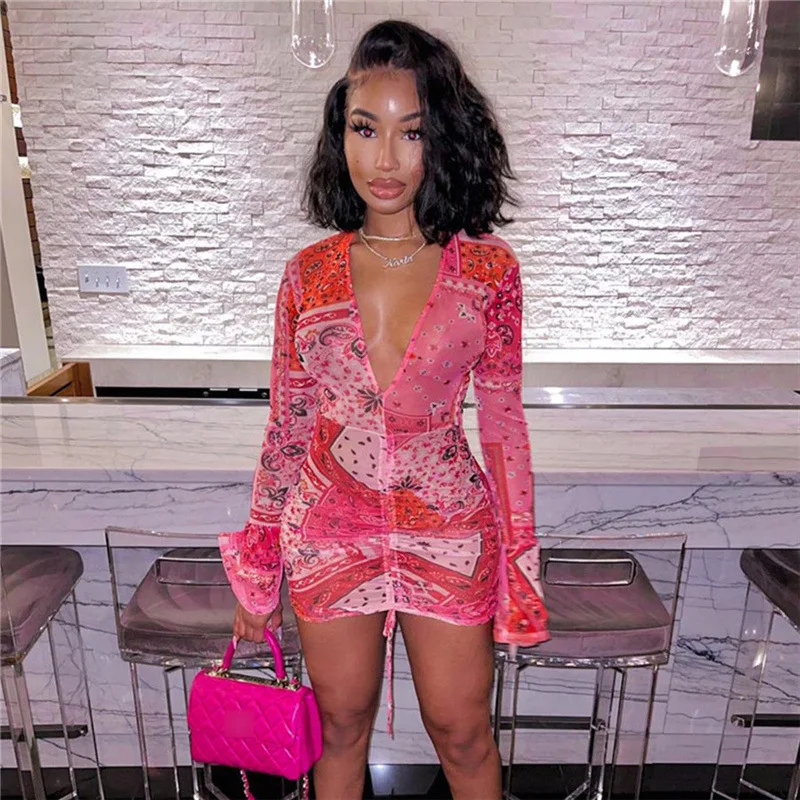 

Bandana Print Sexy Drawstring Mini Dress V Neck Long Flare Sleeve Paisley Short Vestidos Night Club Fashion Streetwear Outfits