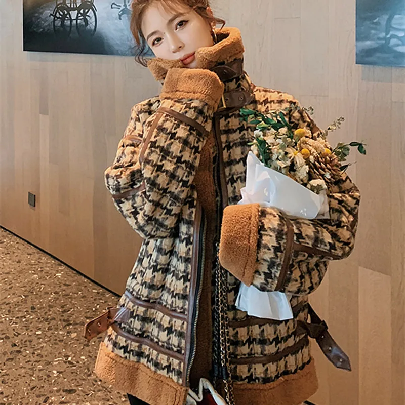 Plaid Lamb Fur Coats Black Warm Stand-up Collar Women Jackets Autumn Winter All-match Zipper Thicken Cropped Puffer Jacket