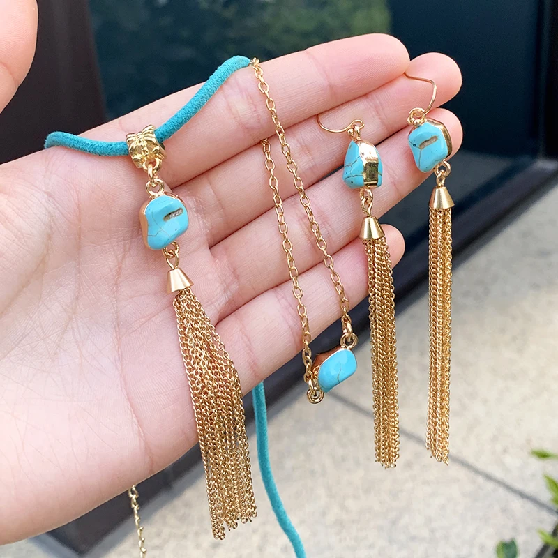 Коми модные бирюзовые серьги с кисточками регулируемый браслет Подвеска