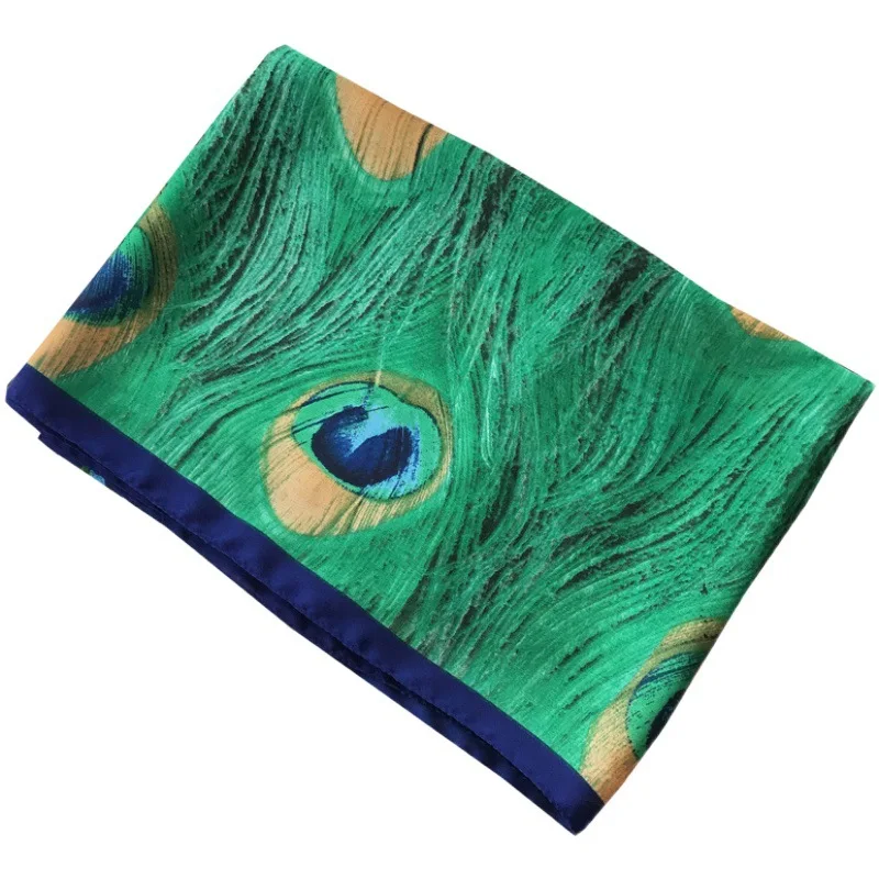 

Green Women Silk Scarf Peacock Feather Print Female Foulard 2021 New Wholesale Silk Shawls and Wrap Stoles Headscarf Bandana