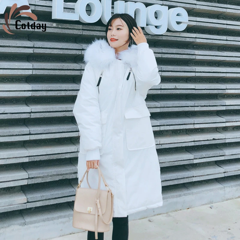 

Cotday Cotton Long White Jacket With Hooded Fur Thick Casual 2020 New Fur Collar Winter Warm Women Lady Parka Coat