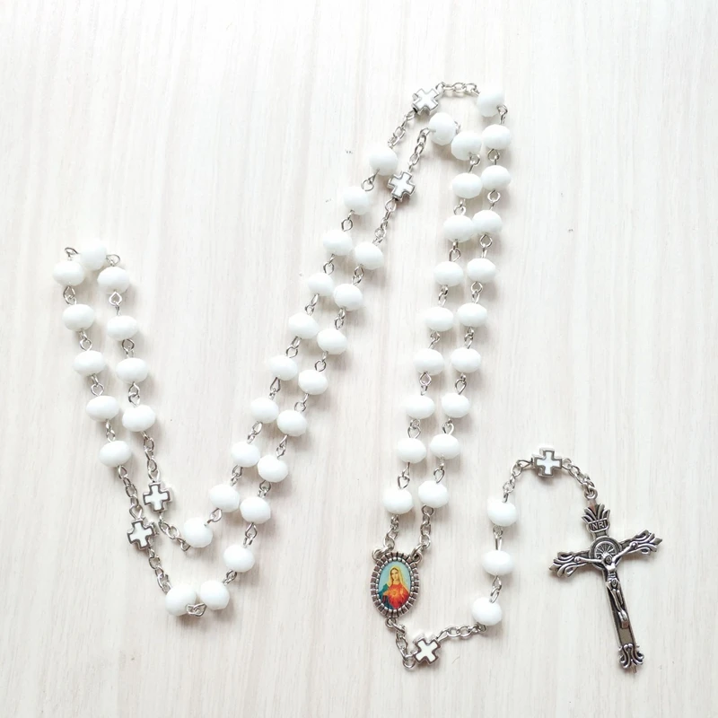 QIGO белый кристалл крест Розария ожерелье с длинной католической нитью