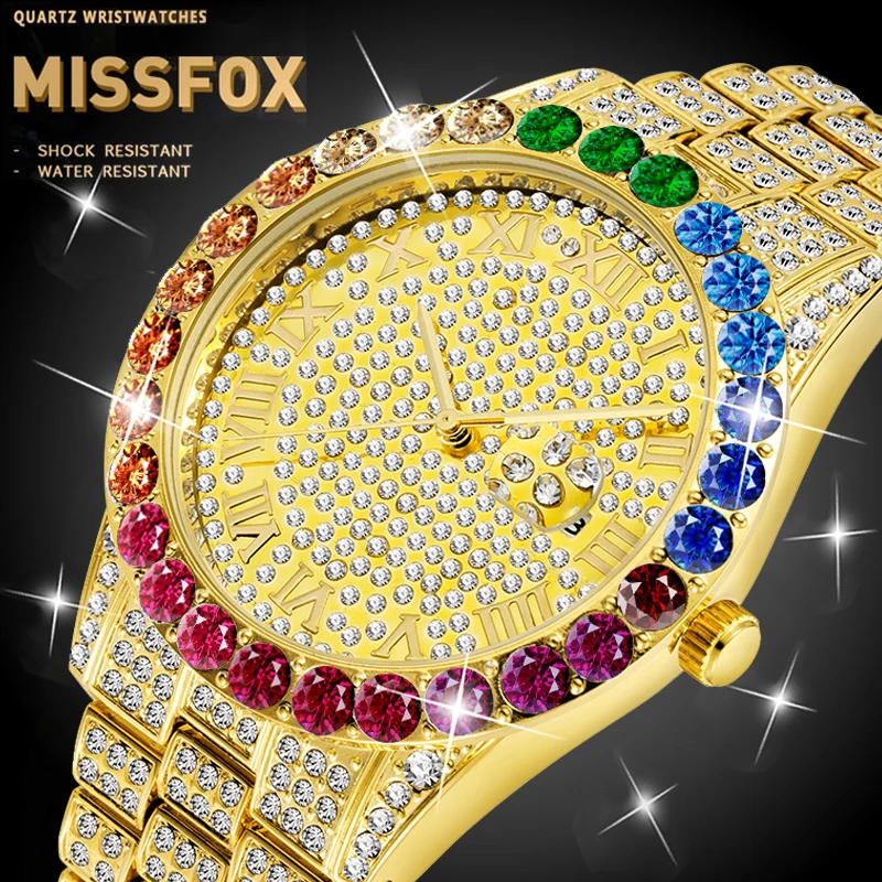 

Часы MISSFOX Datejust с римскими цифрами, 18k, желтое золото, Япония, двигающиеся мужские часы, радужные бриллианты, кварцевые наручные часы