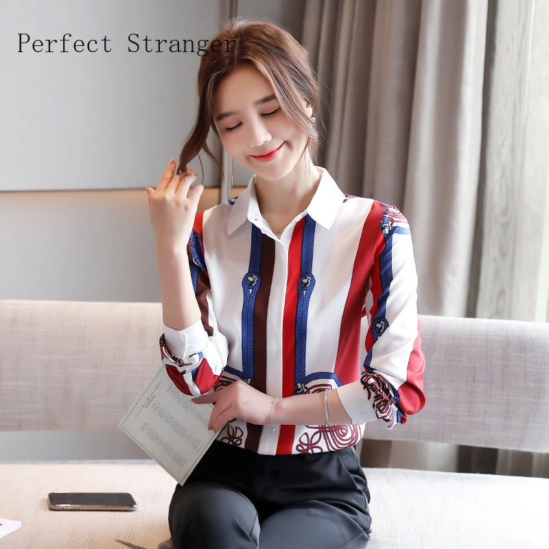 

2020 Autumn New Arrival Turn Down Collar Striped Long Sleeve Women Chiffon Blouse