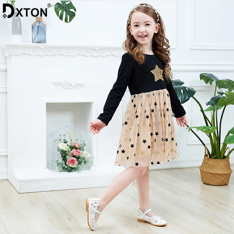 DXTON/зимнее детское платье для девочек с длинными рукавами; vestidos; платье принцессы с блестками и звездами для девочек; хлопковое детское платье; одежда