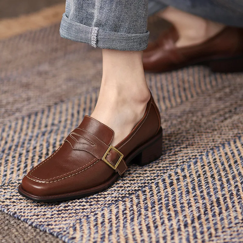 

New Women's Shoes Comfortable Square Heel Metal Decoration Buckle Leisure Genuine Leather Loafers Lady Pumps Mid Heels 2021