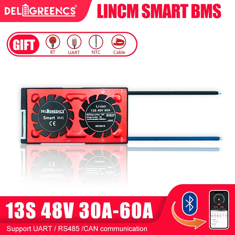 

Smart BMS with Bluetooth13S 48V 30A 40A 60A Li-ion 18650 battery 485 CAN UART 3.7V rated cell for Solar Inverter