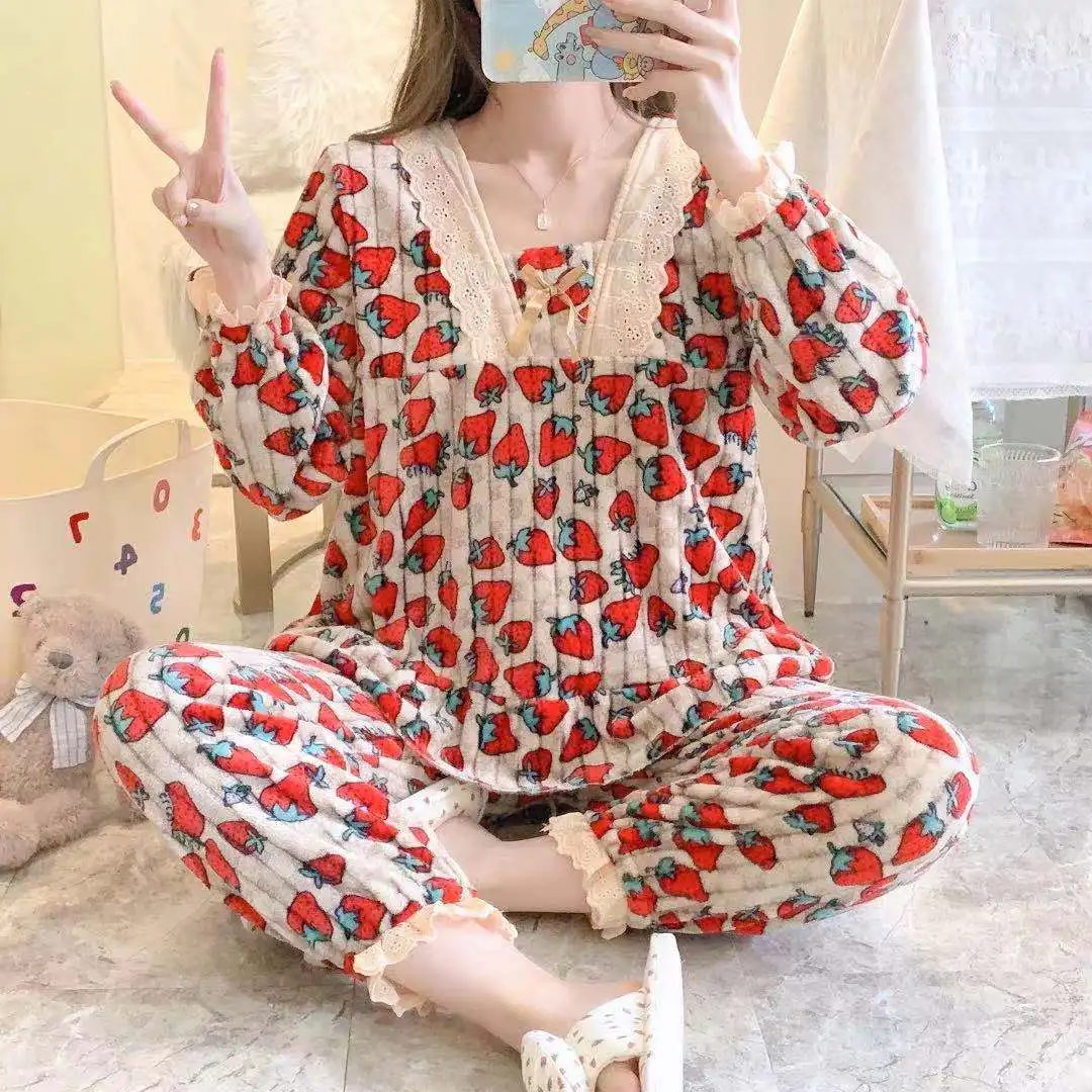Qiu Dong Season Hot Style Coral Fleece Pajamas Women More Winter Wool Flannel Princess Wind Sweet Household to Take