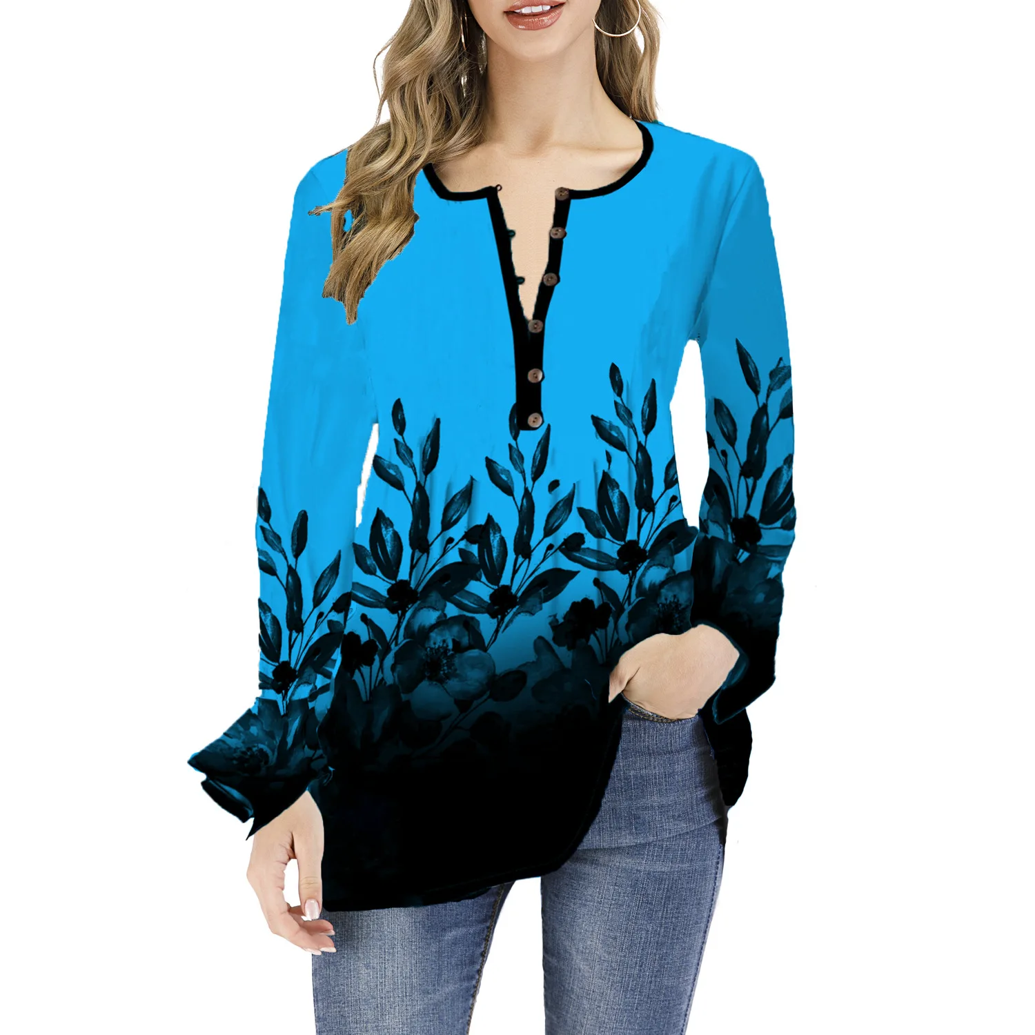 

Long Sleeve Tshirt Printing Cotton T-shirt Long Sleeves V-neck Women's Tshirts New Fashion Tshirt With Ruffles Sleeves T-shirt