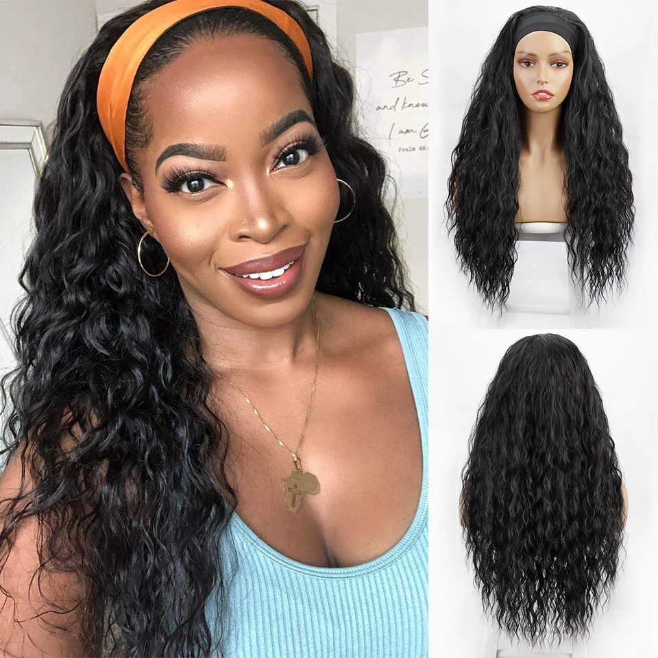

Long Water Wave Headband Wig Synthetic Curls Wigs for Black Women Grip Headband Scarf Headwraps Hair Wig None Replacement