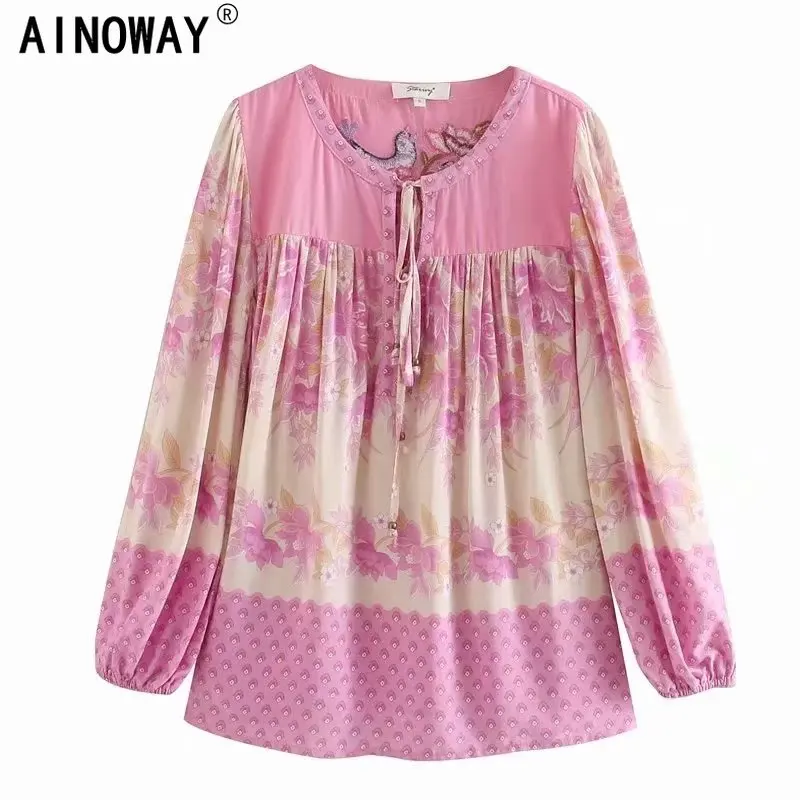 Женская винтажная блузка с вышивкой розовая свободная пляжная из вискозы и