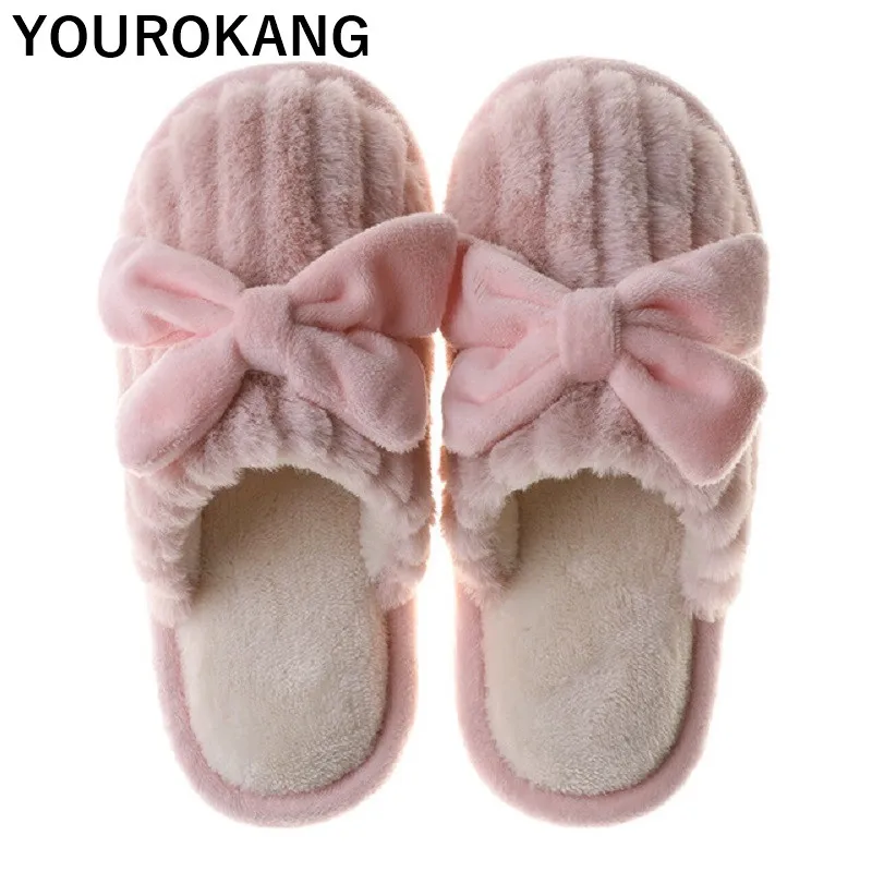 Winter Women Shoes Warm Indoor Slippers High Quality Furry Couple Lovers Home Slippers Butterfly-knot  Female Cotton Footwear