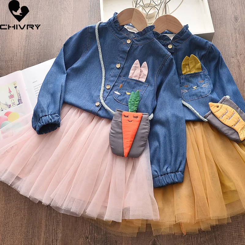 

Baby Girls Clothing Set Spring Autumn 2022 Girls Cartoon Single-breasted Denim Shirts with Pleated Skirt Kids Clothes Suit