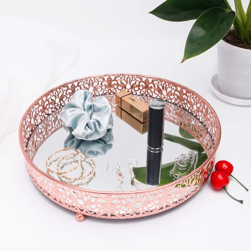 

Поднос с изысканным круглым стеклянным зеркальным основанием в ретро-стиле, золотистый Железный поднос для хранения украшений для спальни