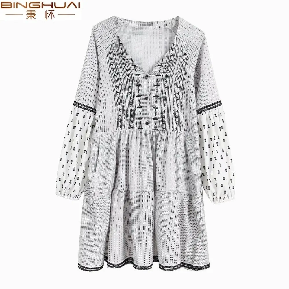 

White Women Layered Loose Dresses 2019 Summer Ladies Polka Dots Embroidery Dress V- Neck Casual Vestidos Feminine Chic