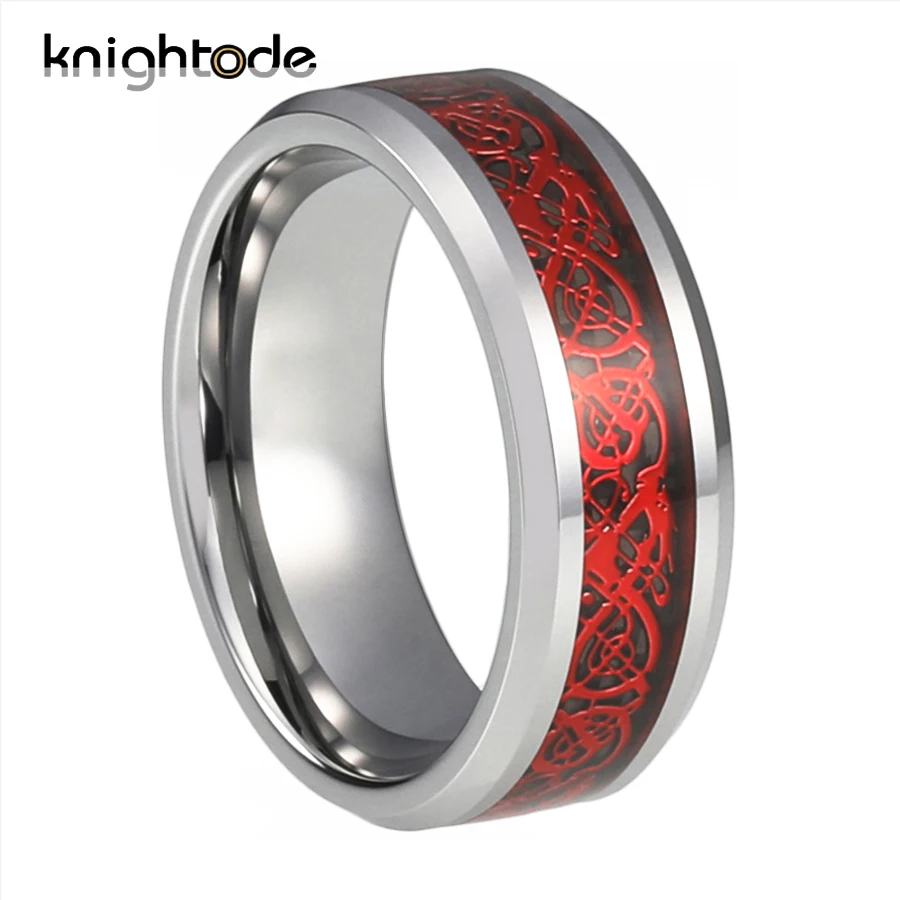 

8 мм Трендовое обручальное кольцо из карбида вольфрама красный дракон/серое углеродное волокно инкрустация для юбилейных колец скошенные к...