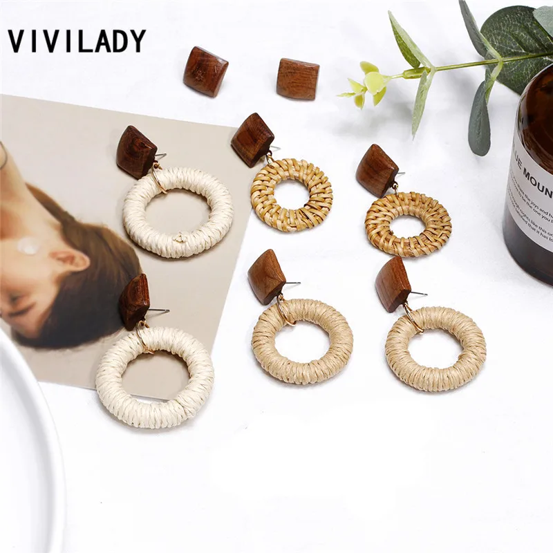 VIVILADY Boho ручной работы натуральный бамбук ротанга вязаный полый кулон женские