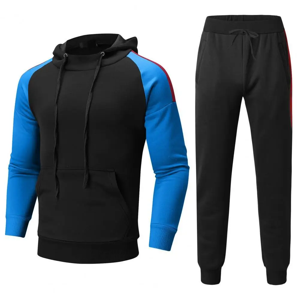 

2 Pcs/Set Men Tracksuit Hooded Sweat Absorption Contrast Colors Casual Hoodie Suit for Daily Wear