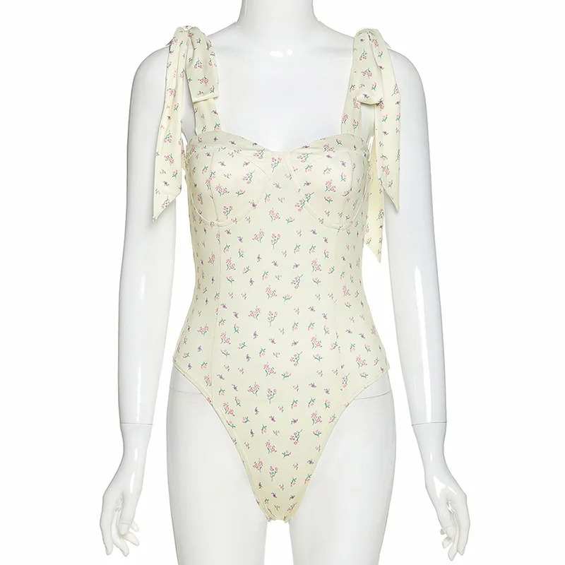 

sweet street Small Floral bodysuit summer sleeveless casual wear elegant backless vacation romper female slim body mujer Yellow